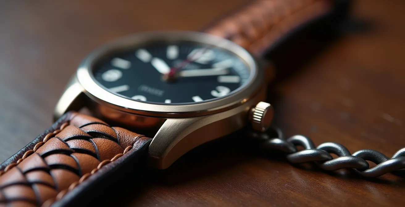 Detalle macro de pulsera de cuero trenzado actuando como protección entre reloj y otras pulseras