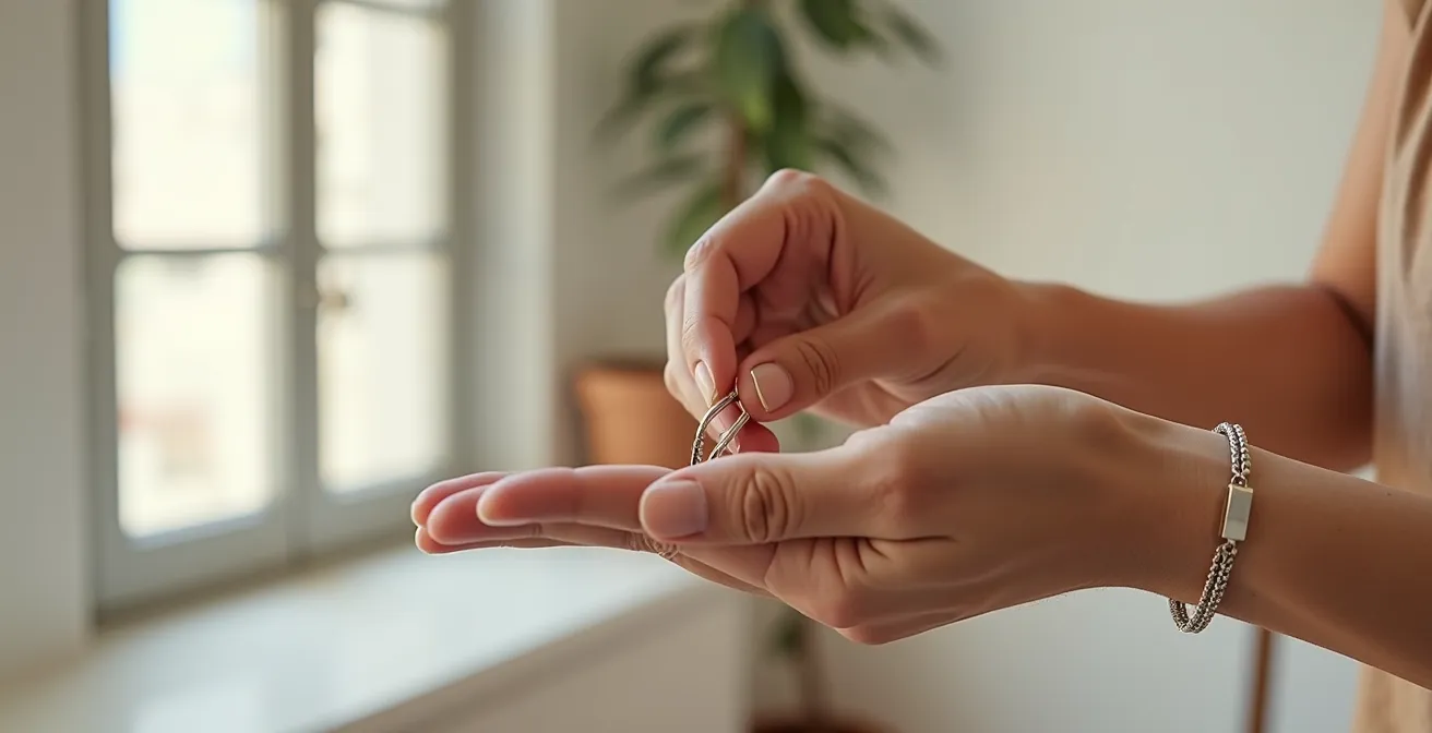 Manos mostrando la técnica del clip para cerrar una pulsera sin ayuda